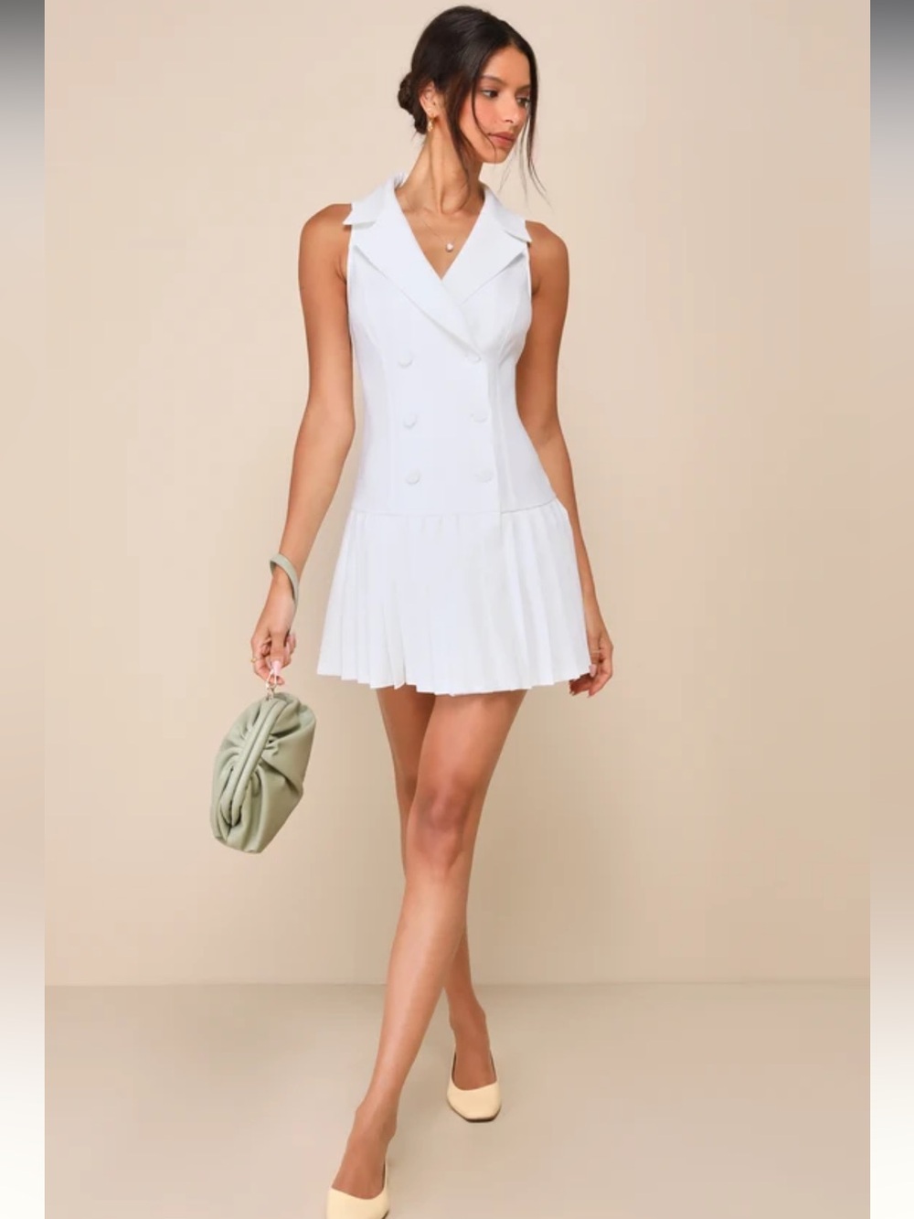 Lulus Posh Vision White Sleeveless Blazer Pleated Mini Dress Size Medium - Picture 3 of 7